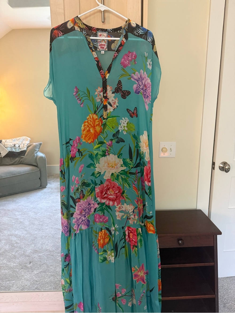 Johnny Was Teal Floral Butterfly Maxi Dress